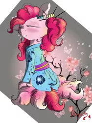 Size: 1920x2560 | Tagged: source needed, safe, artist:yuris, derpibooru import, pinkie pie, pony, cherry blossoms, clothes, cute, eyes closed, flower, flower blossom, japan, kimono (clothing), sakura pie, smiling, solo