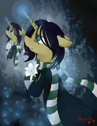 Size: 1000x1300 | Tagged: safe, artist:yuris, derpibooru import, ponified, pony, cloak, clothes, floppy ears, flower, glowing horn, harry potter, horn, lily (flower), looking up, male, scarf, severus snape, solo