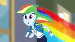 Size: 1280x720 | Tagged: safe, deleted from derpibooru, derpibooru import, screencap, rainbow dash, equestria girls, equestria girls series, run to break free, spoiler:eqg series (season 2), clothes, happy, rainbow, running, smiling, solo