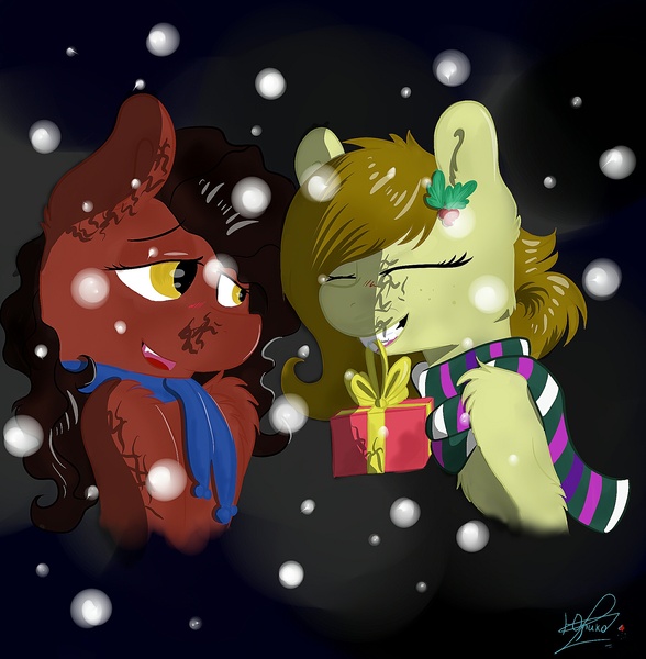 Size: 1920x1960 | Tagged: safe, artist:yuris, derpibooru import, oc, oc:yuris, pony, chest fluff, clothes, duo, eyes closed, grin, holly, mouth hold, present, scarf, shoulder fluff, smiling