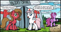 Size: 1280x677 | Tagged: safe, artist:gray--day, derpibooru import, berry punch, berryshine, nurse redheart, oc, oc:pun, earth pony, pony, ask pun, ask, drunk, female, go home you're drunk, mare