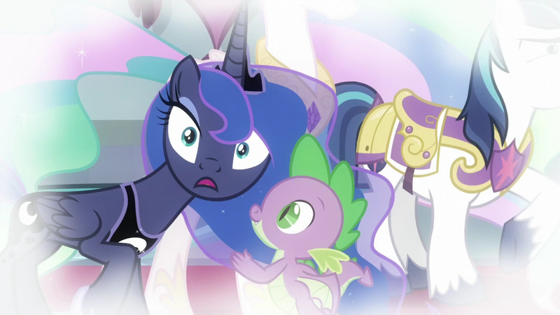 Size: 1920x1080 | Tagged: safe, derpibooru import, screencap, princess celestia, princess luna, shining armor, spike, alicorn, dragon, unicorn, sparkle's seven, dream sequence, winged spike