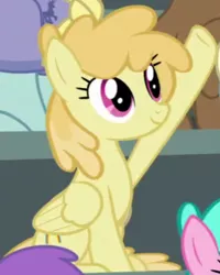 Size: 400x500 | Tagged: safe, derpibooru import, screencap, toffee swirl, pegasus, pony, the washouts (episode), background pony, cropped, female, mare, raised hoof, sitting, solo focus