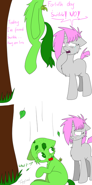 Size: 3000x6000 | Tagged: safe, artist:fajnyziomal, derpibooru import, oc, oc:purple light, oc:świstek, unofficial characters only, original species, pegasus, plant pony, pony, unicorn, comic:świstek, apple, bait and switch, cheek fluff, chest fluff, comic, crying, curly eyelashes, duo, falling, female, food, gritted teeth, hanging, leaves, mare, mouth hold, not suicide, open mouth, plant, plucked wings, shaved mane, tree, wide eyes, wings