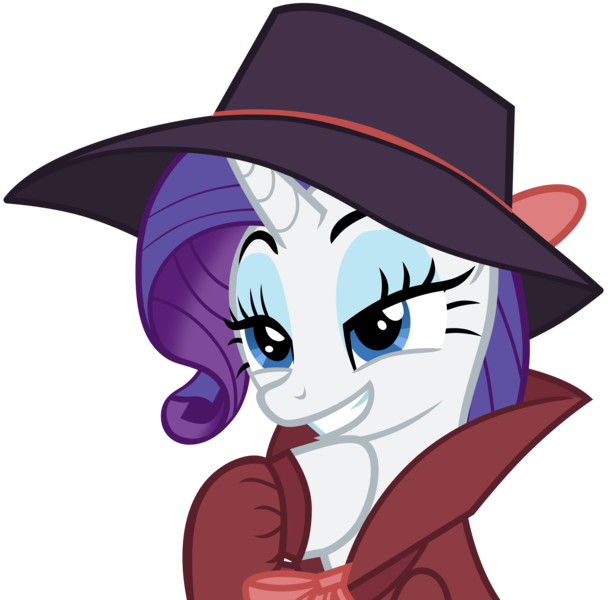 Size: 5448x5379 | Tagged: safe, artist:famousmari5, derpibooru import, rarity, pony, unicorn, sparkle's seven, absurd resolution, bow, clothes, detective rarity, devious, fedora, female, grin, hat, lidded eyes, mare, raised eyebrows, raised hoof, simple background, smiling, solo, transparent background, trenchcoat, vector