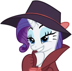 Size: 5448x5379 | Tagged: safe, artist:famousmari5, derpibooru import, rarity, pony, unicorn, sparkle's seven, absurd resolution, bow, clothes, detective rarity, devious, fedora, female, grin, hat, lidded eyes, mare, raised eyebrows, raised hoof, simple background, smiling, solo, transparent background, trenchcoat, vector