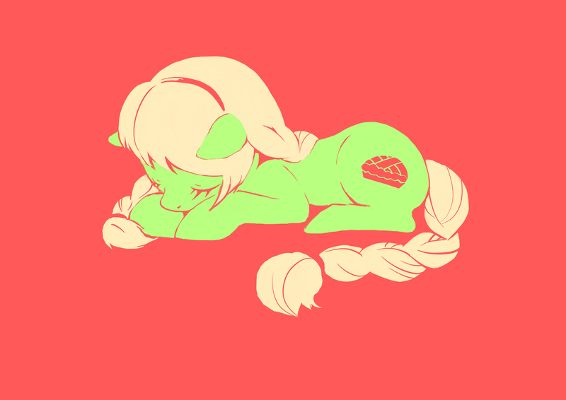 Size: 1200x849 | Tagged: dead source, safe, artist:猫可可, derpibooru import, granny smith, pony, adorasmith, braid, braided tail, cute, eyes closed, pixiv, prone, sleeping, solo, young granny smith, younger
