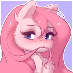 Size: 1418x1417 | Tagged: safe, artist:katputze, derpibooru import, oc, oc:angelic grace (a.k.a bliss), unofficial characters only, pony, blushing, bust, chest fluff, female, hair in mouth, portrait, solo