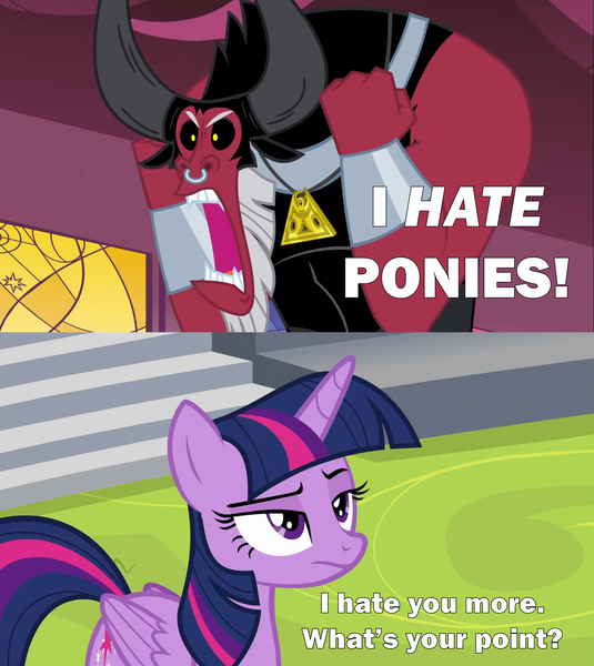 Size: 2000x2245 | Tagged: safe, derpibooru import, edit, edited screencap, screencap, lord tirek, twilight sparkle, twilight sparkle (alicorn), alicorn, centaur, pony, horse play, twilight's kingdom, angry, caption, comic, edi, image macro, meme, reference, screencap comic, spyro the dragon, spyro's bad day, text, twilight is not amused, unamused, unimpressed