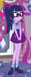 Size: 251x613 | Tagged: safe, derpibooru import, screencap, pinkie pie, sci-twi, twilight sparkle, equestria girls, equestria girls series, fomo, spoiler:eqg series (season 2), clothes, cropped, cute, female, geode of telekinesis, glasses, legs, magical geodes, offscreen character, ponytail, shoes, skirt, smiling, socks