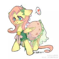 Size: 2008x2008 | Tagged: safe, artist:小huhu狸君呀, deleted from derpibooru, derpibooru import, fluttershy, pegasus, pony, blushing, clothes, dress, female, mare, simple background, solo
