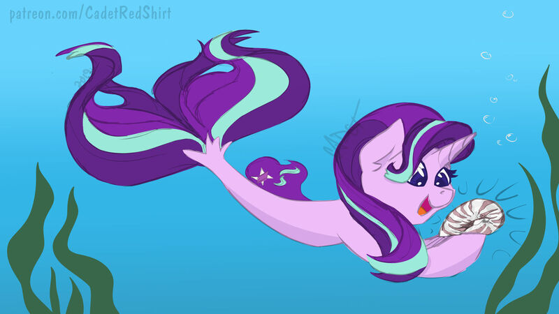 Size: 1280x720 | Tagged: safe, artist:cadetredshirt, derpibooru import, starlight glimmer, merpony, pony, seapony (g4), unicorn, colored sketch, excited, gradient background, seaponified, seapony starlight glimmer, seashell, simple background, smiling, solo, species swap, swimming, underwater