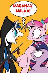 Size: 365x549 | Tagged: blood (video game), clothes, cultist, derpibooru import, edit, exploitable meme, gun, idw, meme, obligatory pony, princess cadance, robe, screaming armor, semi-grimdark, shining armor, tommy gun, twilight sparkle, weapon