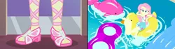 Size: 1440x404 | Tagged: safe, derpibooru import, edit, edited screencap, screencap, fluttershy, equestria girls, equestria girls series, i'm on a yacht, so much more to me, spoiler:eqg series (season 2), barefoot, feet, floaty, flutterfeet, foot focus, open-toed shoes, soles, swimming pool, toes, water, wiggling toes