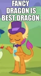 Size: 499x916 | Tagged: best dragon, bowtie, caption, cropped, derpibooru import, drink, edit, edited screencap, fancy, glass, hat, image macro, safe, sandbar, screencap, she's all yak, smolder, solo focus, text, top hat