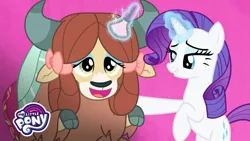Size: 1280x720 | Tagged: safe, derpibooru import, screencap, rarity, yona, pony, unicorn, yak, she's all yak, bow, brush, cloven hooves, duo, eyeshadow, female, fit right in, hair bow, makeover, makeup, mare, monkey swings, song
