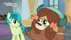 Size: 1676x943 | Tagged: safe, derpibooru import, screencap, sandbar, yona, earth pony, pony, yak, she's all yak, bow, cloven hooves, duo, female, hair bow, male, monkey swings, teenager