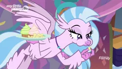 Size: 1920x1080 | Tagged: chips, classical hippogriff, cupcake, derpibooru import, discovery family logo, female, food, hippogriff, lidded eyes, potato chips, safe, sassy, screencap, she's all yak, silverstream, solo