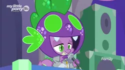 Size: 1920x1080 | Tagged: derpibooru import, discovery family logo, dj scales and tail, dragon, microphone, safe, screencap, she's all yak, solo, spike, winged spike