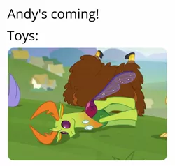 Size: 1591x1514 | Tagged: andy's coming, caption, changedling, changeling, derpibooru import, dropping thorax, edit, edited screencap, editor:apex soundwave, image macro, king thorax, male, meme, offscreen character, planking, prince rutherford, reference, safe, screencap, solo, text, thorax, toy story