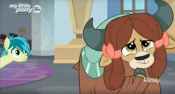 Size: 1660x894 | Tagged: safe, derpibooru import, screencap, sandbar, yona, earth pony, pony, yak, she's all yak, bow, cloven hooves, duo, eyes on the prize, female, hair bow, male, monkey swings, teenager, thousand yard stare