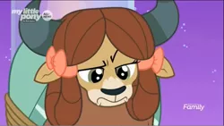 Size: 1124x633 | Tagged: cute, derpibooru import, female, monkey swings, raised eyebrow, rope, safe, screencap, she's all yak, solo, unamused, yak, yona, yonadorable, yona is not amused