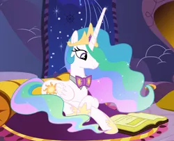 Size: 4616x3744 | Tagged: safe, artist:disneymarvel96, artist:takua770, derpibooru import, edit, vector edit, princess celestia, pony, book, bowtie, disney, princess celestia's bedroom, rapunzel, reading, relaxing, tangled (disney), vector