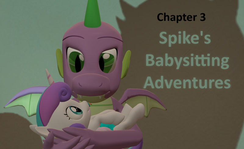 Size: 1592x974 | Tagged: safe, artist:papadragon69, derpibooru import, part of a set, princess flurry heart, spike, dragon, pony, comic:spike's cyosa, 3d, chapter image, comic, cyoa, holding a pony, older, older spike, part of a series, shadow, source filmmaker, teenage spike, teenager, uncle spike, winged spike