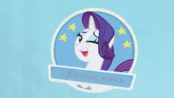 Size: 1600x900 | Tagged: safe, derpibooru import, edit, edited screencap, screencap, rarity, pony, unicorn, she's all yak, blue background, check mark, chef excellence, eyeshadow, faic, female, makeup, mare, one eye closed, simple background, solo, stamp of approval, wink