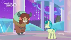 Size: 1920x1080 | Tagged: safe, derpibooru import, screencap, sandbar, yona, earth pony, pony, yak, she's all yak, bow, bowtie, cloven hooves, duo, female, hair bow, male, monkey swings, rope, teenager, treehouse of harmony