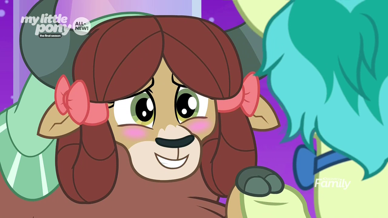 Size: 1280x720 | Tagged: safe, derpibooru import, screencap, sandbar, yona, earth pony, pony, yak, she's all yak, blushing, bow, bowtie, cloven hooves, cute, female, hair bow, male, monkey swings, shipping fuel, treehouse of harmony