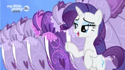 Size: 927x521 | Tagged: safe, derpibooru import, screencap, rarity, pony, she's all yak, clothes, discovery family logo, dress, embroidery, frills, lace, my little pony logo, saddle, sequins, solo, tack