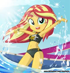 Size: 700x730 | Tagged: safe, artist:charliexe, derpibooru import, sunset shimmer, equestria girls, equestria girls series, i'm on a yacht, spoiler:eqg series (season 2), adorasexy, armpits, beautiful, belly button, bikini, bracelet, clothes, cloud, crepuscular rays, cute, female, jewelry, looking at you, midriff, open mouth, sexy, shimmerbetes, sky, sleeveless, solo, stupid sexy sunset shimmer, summer sunset, swimsuit, water, wristband