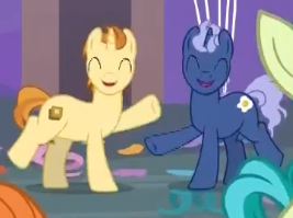 Size: 267x199 | Tagged: safe, derpibooru import, screencap, golden crust, midnight snack (character), sandbar, pony, unicorn, she's all yak, background pony, cropped, dancing, duo, eyes closed, friendship student, male, offscreen character, ponies standing next to each other, smiling