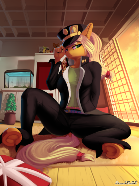 Size: 1200x1600 | Tagged: safe, artist:discordthege, derpibooru import, applejack, anthro, earth pony, unguligrade anthro, clothes, dock, female, image, jojo's bizarre adventure, jotaro kujo, looking at you, nail polish, paywalled alternate version, png, sitting, smiling, solo, underhoof