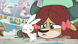 Size: 800x450 | Tagged: angel bunny, angel is a bunny bastard, animal, animated, bow, cloven hooves, dancing, derpibooru import, everyday i'm shufflin', female, frown, hair bow, horns, male, monkey swings, rabbit, running man, safe, screencap, she's all yak, smiling, smirk, unamused, yak, yona, yona is not amused