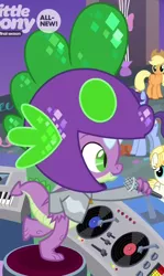 Size: 610x1024 | Tagged: safe, derpibooru import, screencap, applejack, november rain, spike, dragon, earth pony, pony, she's all yak, clothes, cropped, dj scales and tail, female, friendship student, male, microphone, offscreen character, tail, winged spike