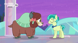 Size: 800x450 | Tagged: safe, derpibooru import, screencap, sandbar, yona, earth pony, pony, yak, she's all yak, animated, blushing, bowtie, cloven hooves, embarrassed, female, gif, happy, hoof hold, male, shipping fuel, smiling, surprised, talking, teenager, treehouse of harmony