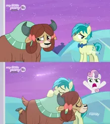 Size: 500x562 | Tagged: safe, artist:pinkiepiiiie, derpibooru import, editor:secrettitan, screencap, sandbar, sweetie belle, yona, pony, unicorn, yak, hearts and hooves day (episode), she's all yak, blushing, female, filly, hearts and hooves day, hug, interspecies, just kiss already, male, oh come on, shipping, shooting star, simple background, straight, transparent background, treehouse of harmony, vector, yonabar