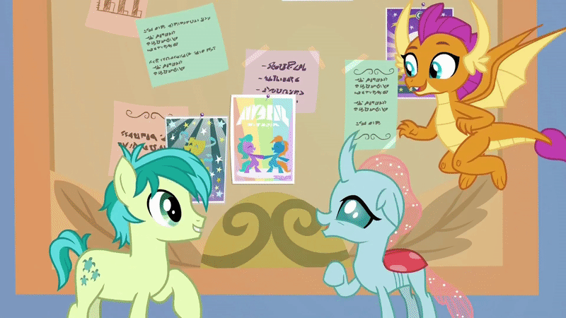 Size: 800x450 | Tagged: safe, derpibooru import, screencap, ocellus, sandbar, smolder, changedling, changeling, dragon, earth pony, pony, she's all yak, animated, changeling magic, corkboard, disguise, disguised changeling, dragoness, extended trot pose, female, flying, freckles, male, pony ocellus, pose, shapeshifting, stallion, thumbs up, transformation, wings, written equestrian