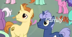 Size: 732x377 | Tagged: safe, derpibooru import, screencap, golden crust, midnight snack (character), pony, unicorn, she's all yak, background pony, cropped, friendship student, male, offscreen character, ponies standing next to each other, smiling