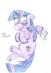 Size: 2477x3500 | Tagged: safe, artist:gafelpoez, derpibooru import, twilight sparkle, twilight sparkle (alicorn), alicorn, pony, devo, peekaboo, scared, solo, terrified, traditional art