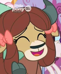 Size: 877x1061 | Tagged: bow, cloven hooves, cropped, cute, derpibooru import, eyes closed, female, hair bow, happy, laughing, monkey swings, safe, screencap, she's all yak, smiling, solo, yak, yona, yonadorable