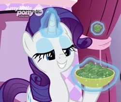 Size: 1263x1073 | Tagged: safe, derpibooru import, screencap, rarity, pony, she's all yak, brussel sprouts, carousel boutique, cropped, food, glowing horn, horn, rarity looking at food, solo