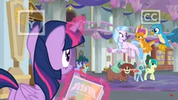 Size: 1364x768 | Tagged: safe, derpibooru import, screencap, gallus, november rain, ocellus, sandbar, silverstream, smolder, twilight sparkle, twilight sparkle (alicorn), yona, alicorn, changedling, changeling, classical hippogriff, dragon, earth pony, gryphon, hippogriff, pony, yak, she's all yak, animated, balancing, bow, carpet, cloven hooves, colored hooves, cute, discovery family logo, dragoness, female, floppy ears, flying, friendship student, gif, glowing horn, hair bow, hallway, horn, jewelry, levitation, magic, male, mare, monkey swings, necklace, poster, school of friendship, student six, teenager, telekinesis, tv rating, tv-y, watermark