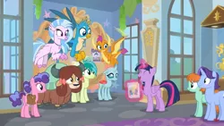 Size: 1366x768 | Tagged: safe, derpibooru import, screencap, gallus, november rain, ocellus, sandbar, silverstream, smolder, twilight sparkle, twilight sparkle (alicorn), yona, alicorn, changedling, changeling, classical hippogriff, dragon, earth pony, gryphon, hippogriff, pony, yak, she's all yak, animated, bow, carpet, cloven hooves, colored hooves, cute, discovery family logo, dragoness, female, floppy ears, flying, friendship student, gif, glowing horn, hair bow, hallway, horn, jewelry, levitation, magic, male, mare, monkey swings, necklace, poster, school of friendship, student six, teenager, telekinesis