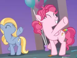 Size: 1134x851 | Tagged: safe, derpibooru import, screencap, bifröst, goldy wings, pegasus, pony, she's all yak, background pony, balloon, cropped, dancing, duo, eyes closed, female, friendship student, line dancing, mare, pony prance, raised leg, smiling, tail wrap