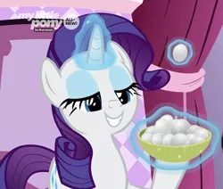 Size: 706x600 | Tagged: safe, derpibooru import, edit, edited screencap, screencap, rarity, pony, she's all yak, brussel sprouts, carousel boutique, cool hand luke, cropped, food, glowing horn, horn, movie reference, rarity looking at food, reference, you have to eat all the eggs