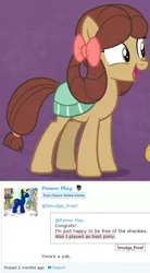 Size: 427x775 | Tagged: safe, derpibooru import, edit, edited screencap, screencap, yona, oc, oc:power play, ponified, earth pony, pony, she's all yak, bow, comments, cropped, cute, female, hair bow, mare, open mouth, pony yona, purple background, simple background, smiling, species swap, yonadorable