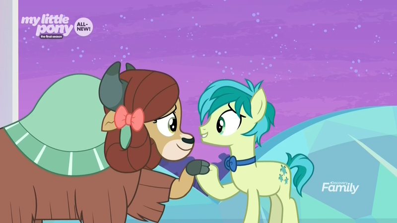 Size: 1920x1080 | Tagged: safe, derpibooru import, screencap, sandbar, yona, earth pony, pony, yak, she's all yak, bow, bowtie, cloven hooves, discovery family logo, duo, eye contact, female, hair bow, holding hooves, looking at each other, male, monkey swings, teenager, treehouse of harmony